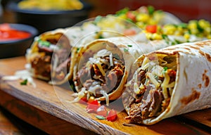 chicken and beef wraps on a board, dark yellow and red, villagecore