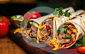 chicken and beef wraps on a board, dark yellow and red, villagecore