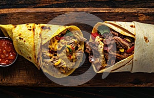 chicken and beef wraps on a board, dark yellow and red, villagecore