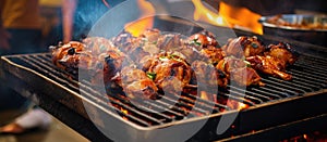Chicken being roasted on an outdoor grill rack with flames