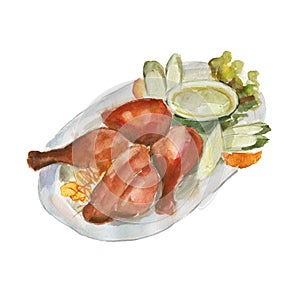 The chicken biryani dish isolated on white background, watercolor illustration.