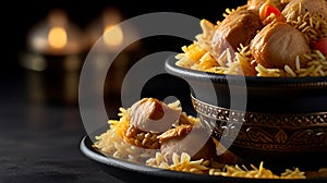 chicken biryani with chicken, onions, cashewnut paste, tomatoes,cup of basmoti rice