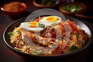 Chicken Biryani rice with eggs in a bowl with Indian food AI generated