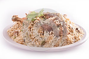 Chicken biryani on white background