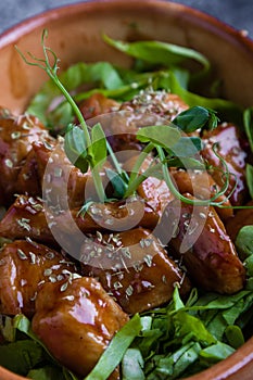 Chicken bites in a rustic bowl