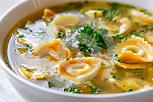 Chicken Bouillon with Tortellini Pasta in White Bowl, Noodle Ravioli Soup, Clear Sturdy Seasoned Broth