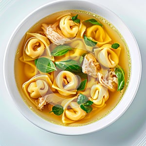 Chicken Bouillon with Tortellini Pasta in White Bowl, Noodle Ravioli Soup, Clear Sturdy Seasoned Broth