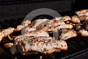 Chicken breast on a BBQ grill with seasonings
