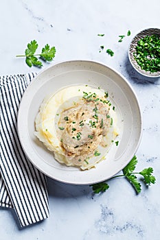 Chicken breast in creamy sauce with mashed potatoes