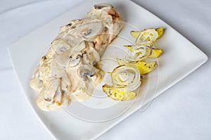 Chicken Breast in Creamy White Wine and Mushroom Sauce