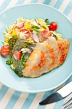 Chicken Breast with pasta salad and broccolini