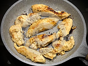 Chicken breast slices on a fry pan