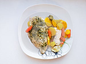 Chicken breast with vegetables on a plate, dinner service, vegetarian food, healthy food. baked chicken breast with brussels