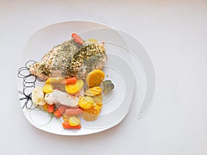 Chicken breast with vegetables on a plate, dinner service, vegetarian food, healthy food. baked chicken breast with brussels