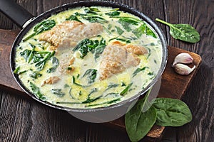 Chicken breasts in creamy sauce wth spinach.