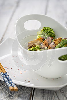 Chicken Broccoli Beans and snow peas in a bowl