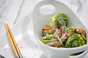 Chicken Broccoli Beans and snow peas in a bowl