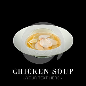 Chicken broth bouillon with quail eggs and noodles isolated on black background ready food banner with text space