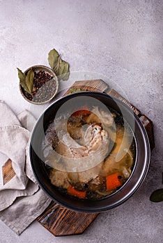Chicken broth soup or bouillon in pan