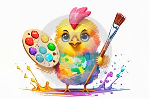 Chicken with brush, palette and paints isolated on white background. Easter, art and painting concept