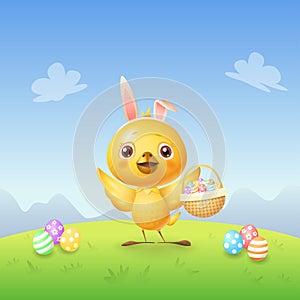 Chicken with bunny ears and basket with decorated eggs celebrate Easter - spring landscape background