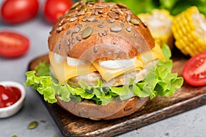 Chicken burger with cheese, lettuce and sauce