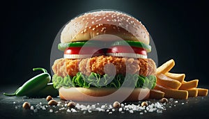 Chicken burger with crispy fries and peppers over black background