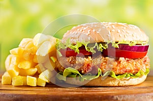 Chicken burger with french fries