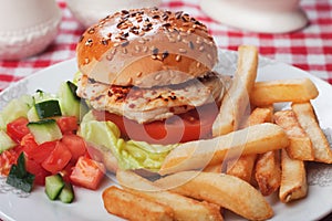 Chicken burger with french fries