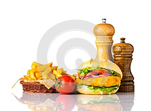 Chicken Burger with French Fries and Condiments