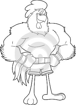 Outlined Brave Rooster Cartoon Character Ready To Fight
