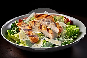 Chicken caesar salad on dark background