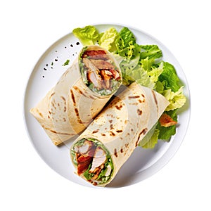 Chicken Caesar Wrap On White Plate On A White Background