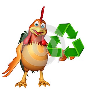 Chicken cartoon character with recycle sign