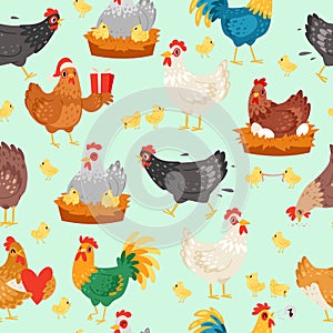 Chicken characters in different poses. Hen and rooster seamless pattern vector flat illustration. Cute and funny egg