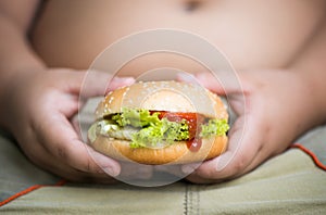 Chicken cheese Hamburger on obese fat boy hand