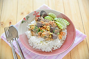 Chicken, chicken blood jelly and shrimp stir fry with rice