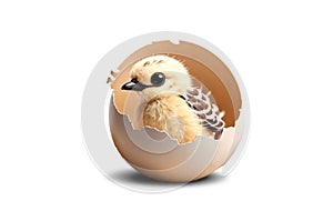 Chicken in a chicken egg shell on a white background - Image generated by AI.