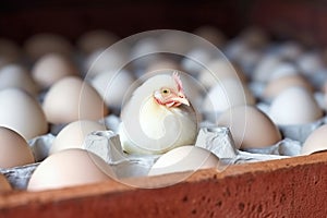 Chicken among chicken eggs in a poultry farm. The concept of the food industry, the production of chicken eggs