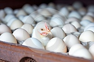 Chicken among chicken eggs in a poultry farm. The concept of the food industry, the production of chicken eggs