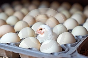 Chicken among chicken eggs in a poultry farm. The concept of the food industry, the production of chicken eggs