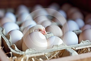 Chicken among chicken eggs in a poultry farm. The concept of the food industry, the production of chicken eggs