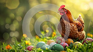 Chicken with colorful easter eggs