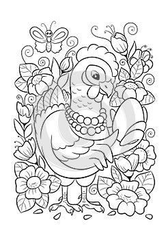 Chicken page coloring book. Ukrainian national fairy tale about the golden egg. Village illustration. Farm outline. photo