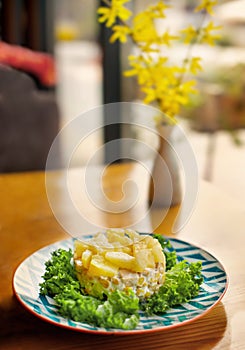 Chicken corn and pineapple salad with leaf salad