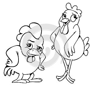 Chicken couple black and white illustration