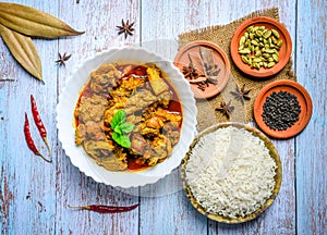 Chicken curry or masala , spicy reddish chicken leg piece dish garnished with coriander leaf and arranged in a white ceramic bowl