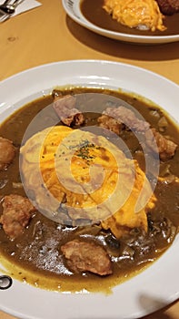 chicken curry with rice and dumpling in a white plate