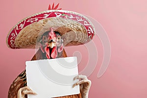a chicken dressed in mexican sombrero hat and clothing holding a blank promotion sign