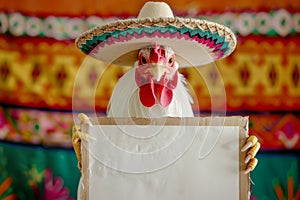 a chicken dressed in mexican sombrero hat and clothing holding a blank promotion sign